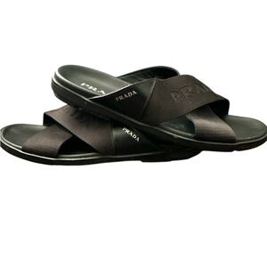 Prada Brushed Leather and Re-Nylon Tape Crisscross Slides
